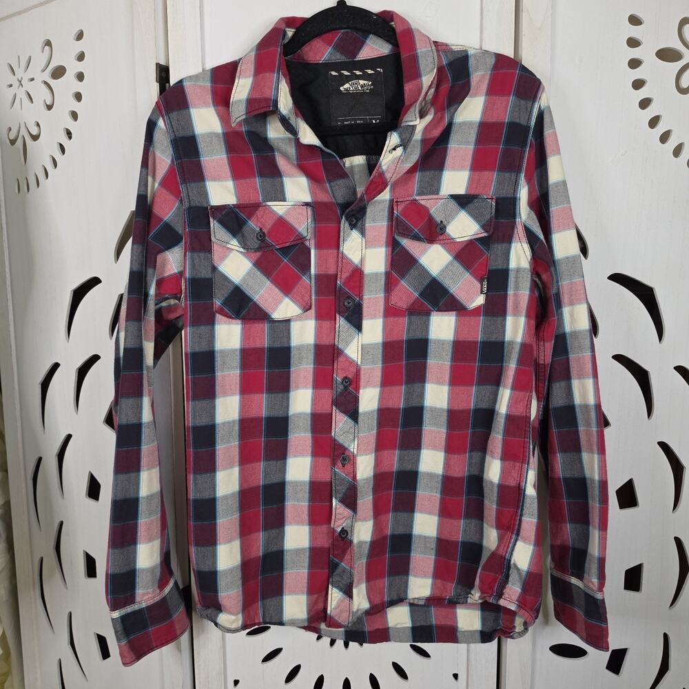 2010 Van's Off the Wall Red Plaid Flannel Long Sleeve Skater Grunge Shirt Size M